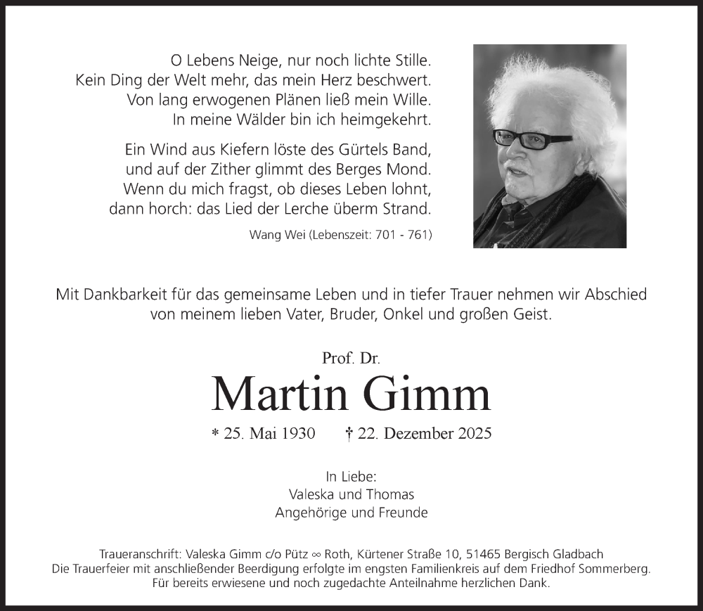  Traueranzeige für Martin Gimm vom 10.01.2026 aus Süddeutsche Zeitung