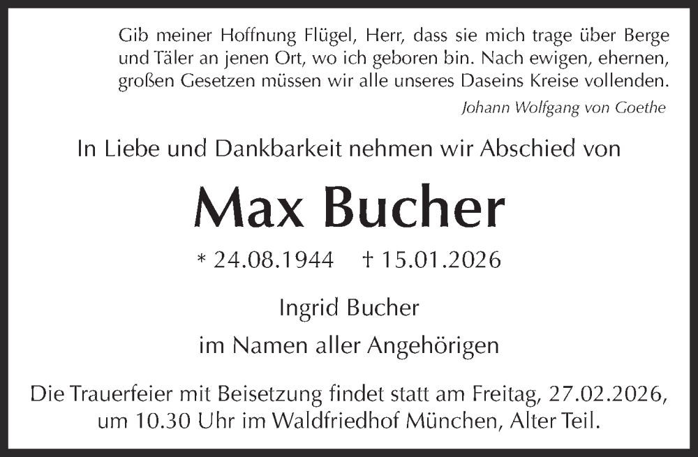  Traueranzeige für Max Bucher vom 31.01.2026 aus Süddeutsche Zeitung
