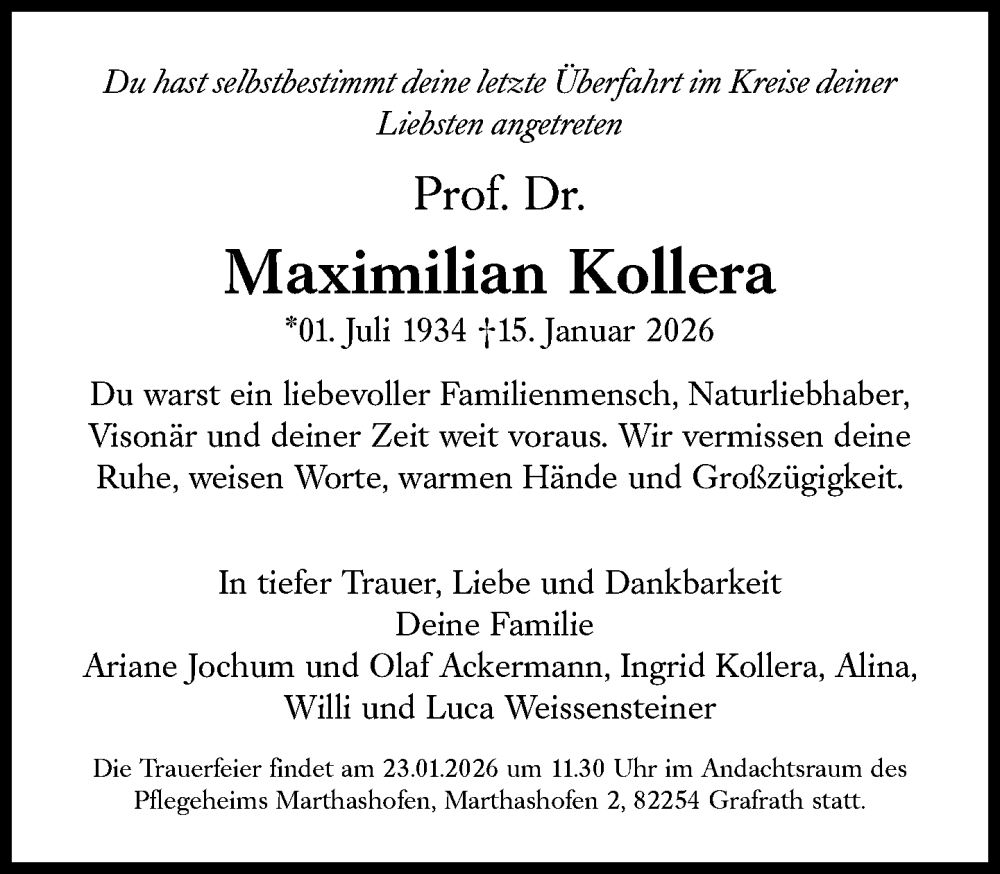  Traueranzeige für Maximilian Kollera vom 20.01.2026 aus Süddeutsche Zeitung