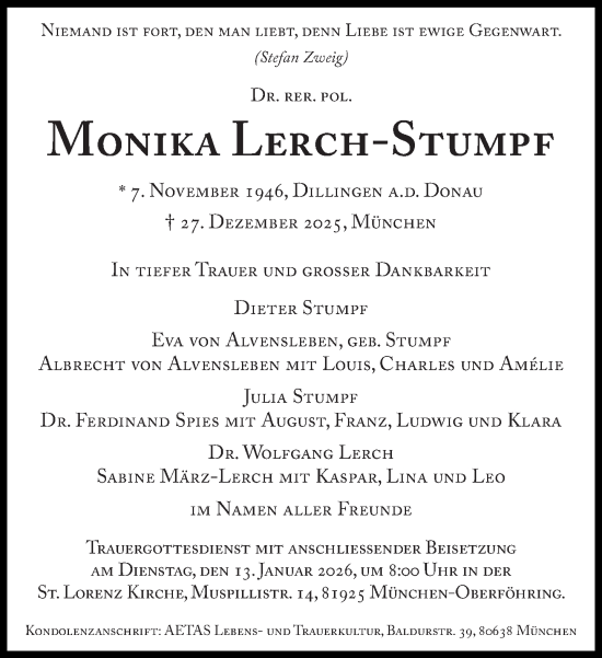 Traueranzeige von Monika Lerch-Stumpf von Süddeutsche Zeitung