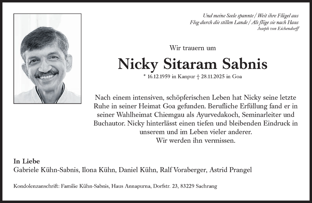  Traueranzeige für Nicky Sitaram Sabnis vom 03.01.2026 aus Süddeutsche Zeitung