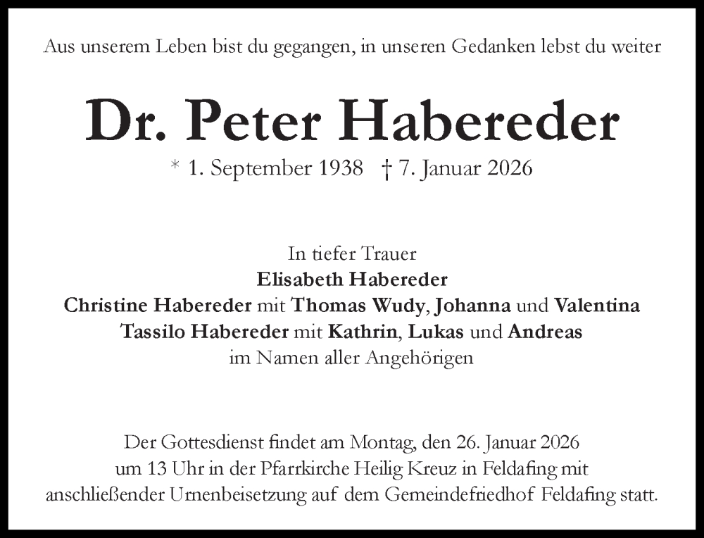  Traueranzeige für Peter Habereder vom 20.01.2026 aus Süddeutsche Zeitung