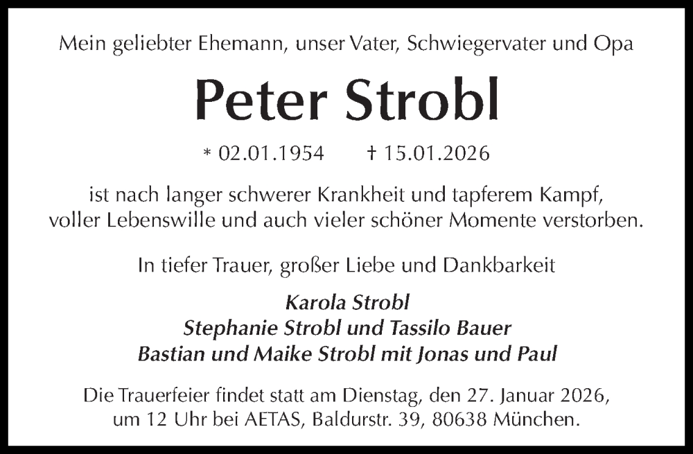  Traueranzeige für Peter Strobl vom 24.01.2026 aus Süddeutsche Zeitung