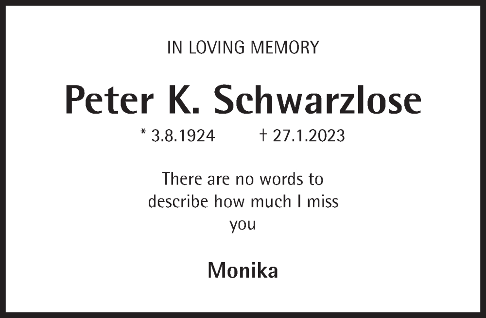  Traueranzeige für Peter K. Schwarzlose vom 27.01.2026 aus Süddeutsche Zeitung