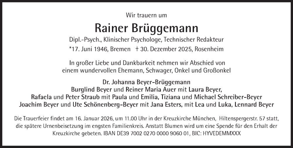  Traueranzeige für Rainer Brüggemann vom 10.01.2026 aus Süddeutsche Zeitung