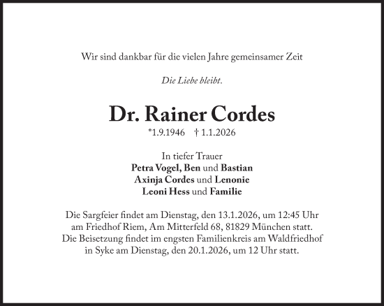 Traueranzeige von Rainer Cordes von Süddeutsche Zeitung