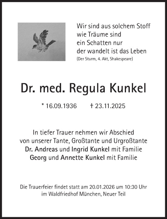 Traueranzeige von Regula Kunkel von Süddeutsche Zeitung