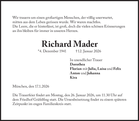 Traueranzeige von Richard Mader von Süddeutsche Zeitung