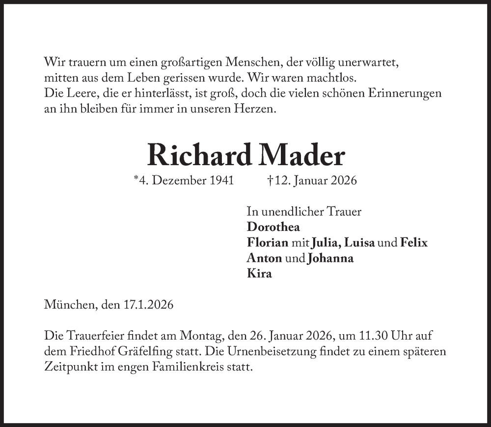  Traueranzeige für Richard Mader vom 17.01.2026 aus Süddeutsche Zeitung