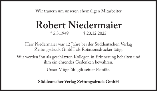 Traueranzeige von Robert Niedermaier von Süddeutsche Zeitung