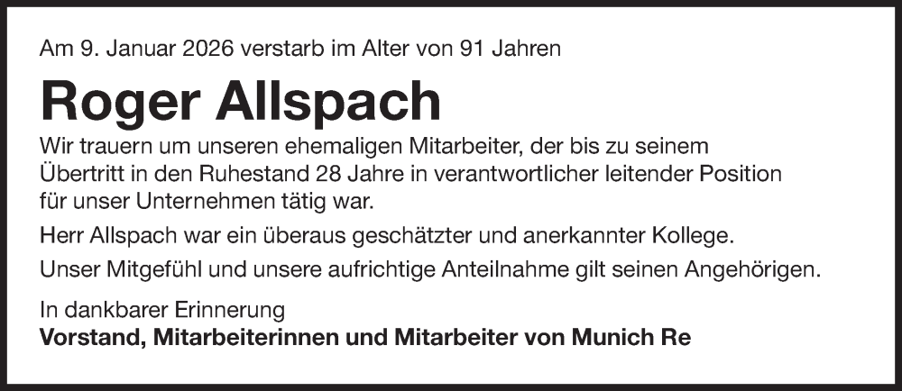  Traueranzeige für Roger Allspach vom 30.01.2026 aus Süddeutsche Zeitung