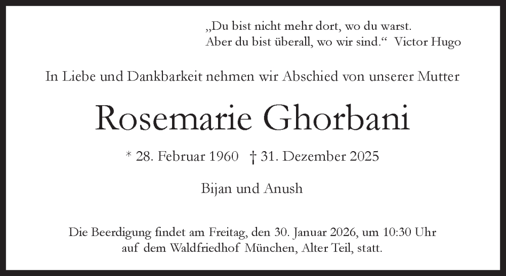  Traueranzeige für Rosemarie Ghorbani vom 17.01.2026 aus Süddeutsche Zeitung