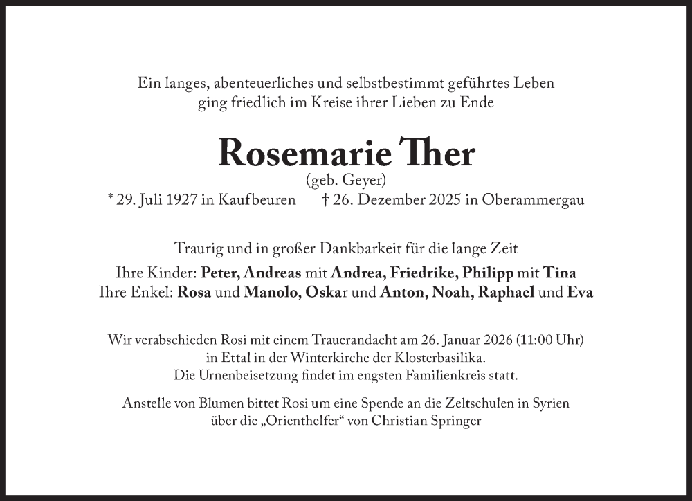  Traueranzeige für Rosemarie Ther vom 17.01.2026 aus Süddeutsche Zeitung