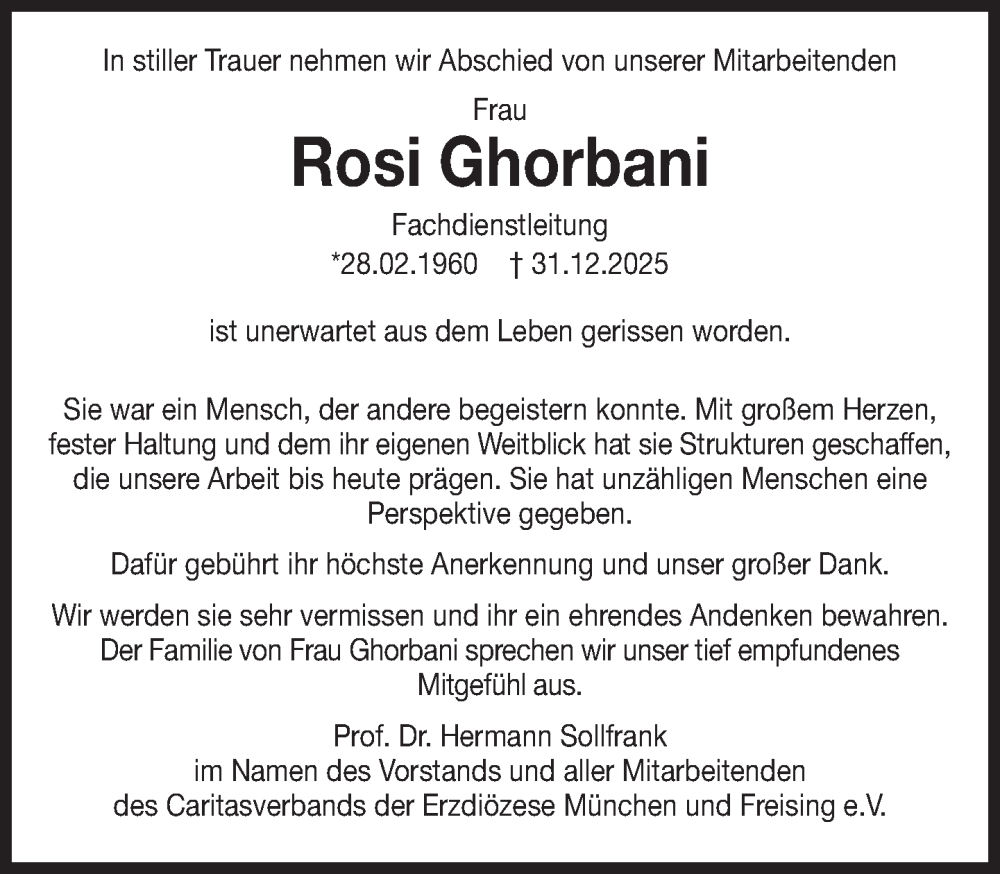  Traueranzeige für Rosi Ghorbani vom 17.01.2026 aus Süddeutsche Zeitung