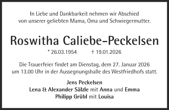 Traueranzeige von Roswitha Caliebe-Peckelsen von Süddeutsche Zeitung