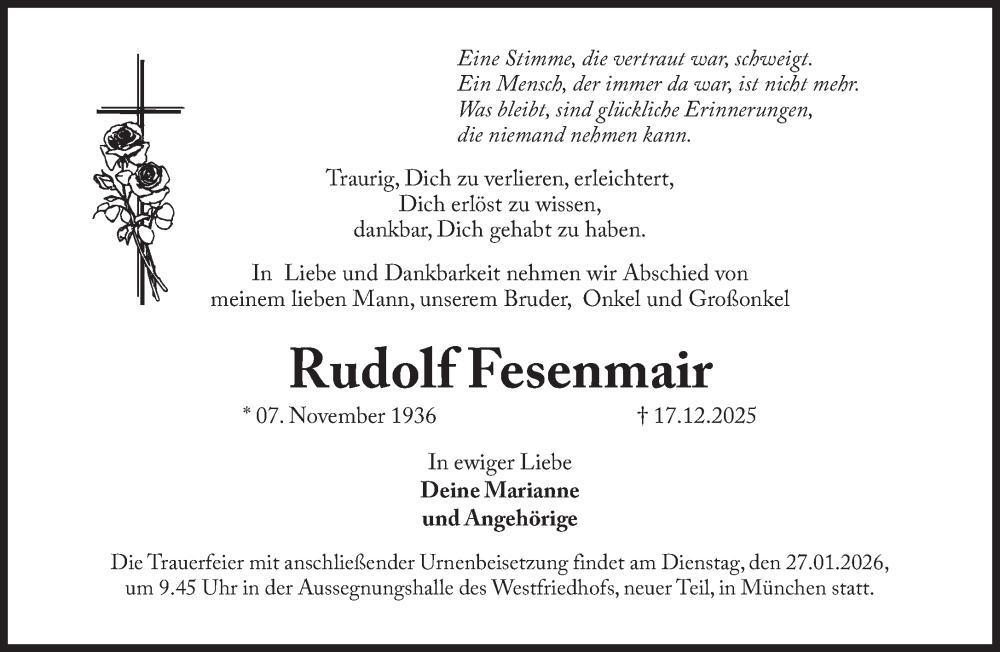  Traueranzeige für Rudolf Fesenmair vom 17.01.2026 aus Süddeutsche Zeitung