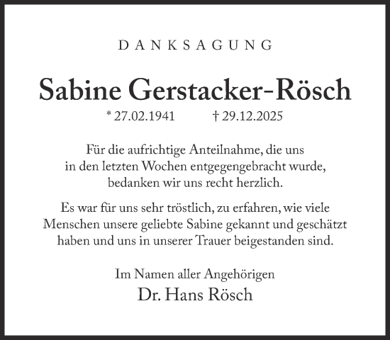 Traueranzeige von Sabine Gerstacker-Rösch von Süddeutsche Zeitung