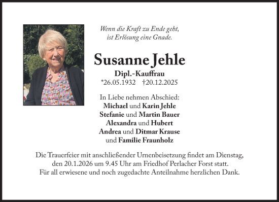 Traueranzeige von Susanne Jehle von Süddeutsche Zeitung