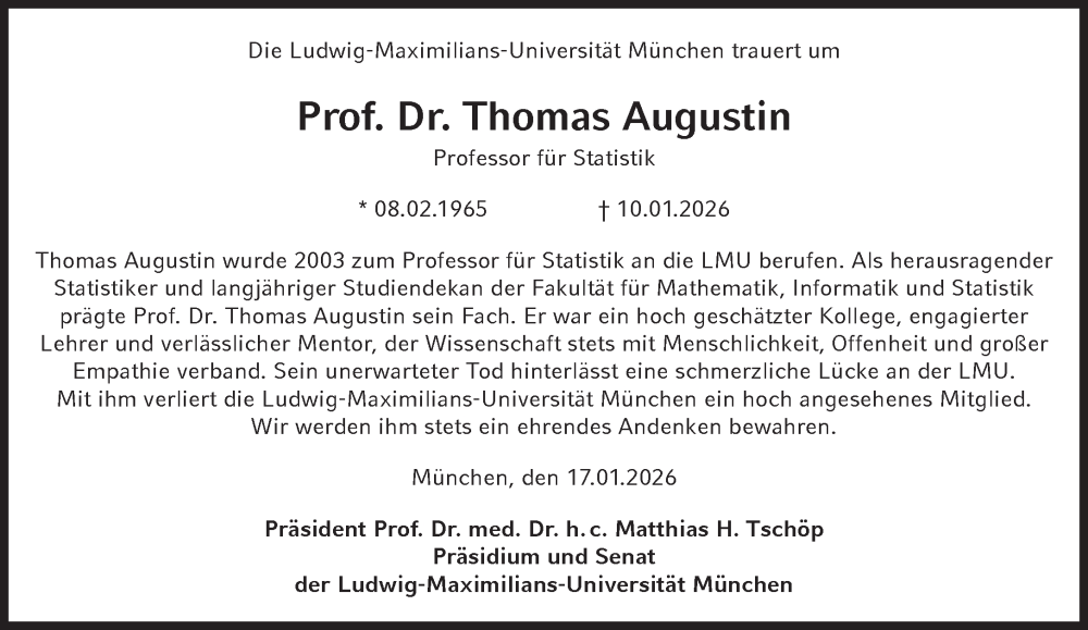  Traueranzeige für Thomas Augustin vom 17.01.2026 aus Süddeutsche Zeitung