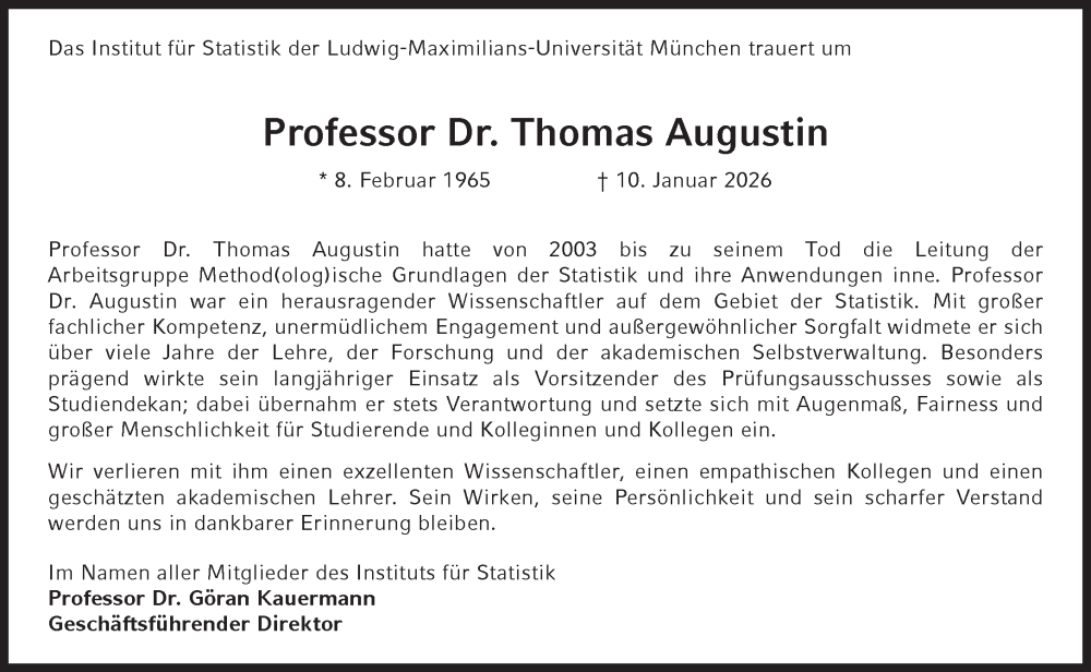  Traueranzeige für Thomas Augustin vom 17.01.2026 aus Süddeutsche Zeitung