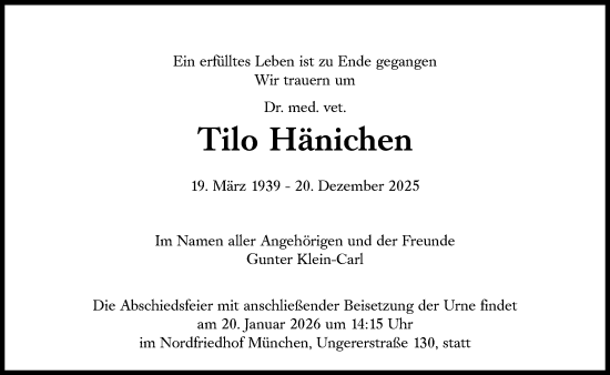 Traueranzeige von Tilo Hänichen von Süddeutsche Zeitung