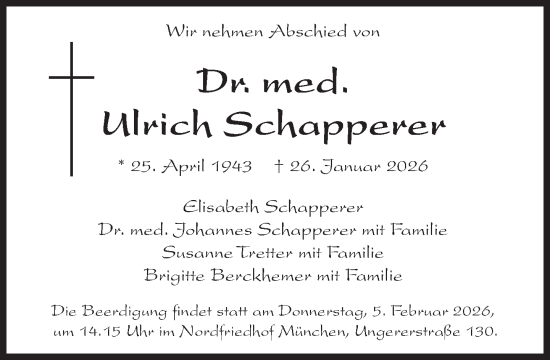 Traueranzeige von Ulrich Schapperer von Süddeutsche Zeitung