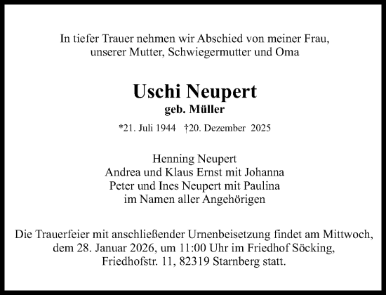 Traueranzeige von Uschi Neupert von Süddeutsche Zeitung
