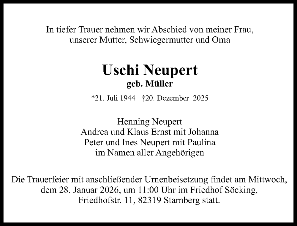  Traueranzeige für Uschi Neupert vom 17.01.2026 aus Süddeutsche Zeitung