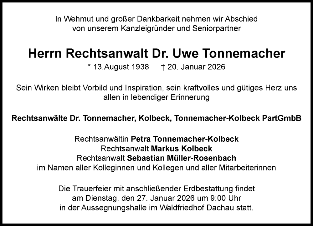  Traueranzeige für Uwe Tonnemacher vom 23.01.2026 aus Süddeutsche Zeitung
