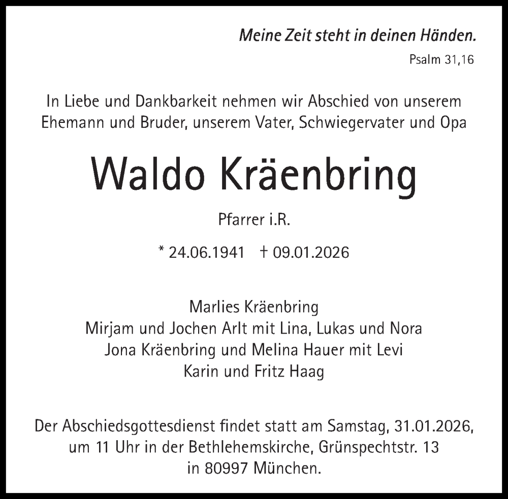  Traueranzeige für Waldo Kräenbring vom 24.01.2026 aus Süddeutsche Zeitung
