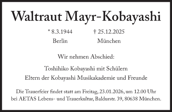 Traueranzeige von Waltraut Mayr-Kobayashi von Süddeutsche Zeitung