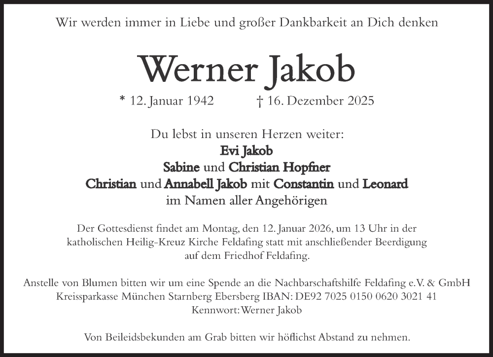 Traueranzeige für Werner Jakob vom 10.01.2026 aus Süddeutsche Zeitung
