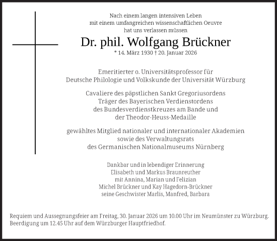 Traueranzeige von Wolfgang Brückner von Süddeutsche Zeitung