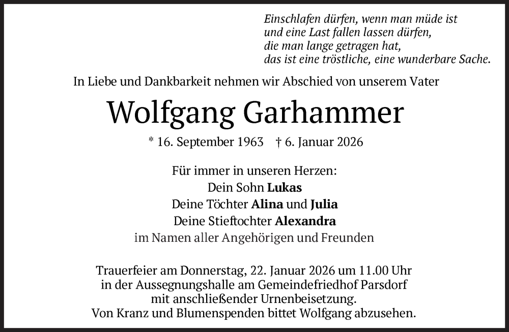  Traueranzeige für Wolfgang Garhammer vom 13.01.2026 aus Süddeutsche Zeitung