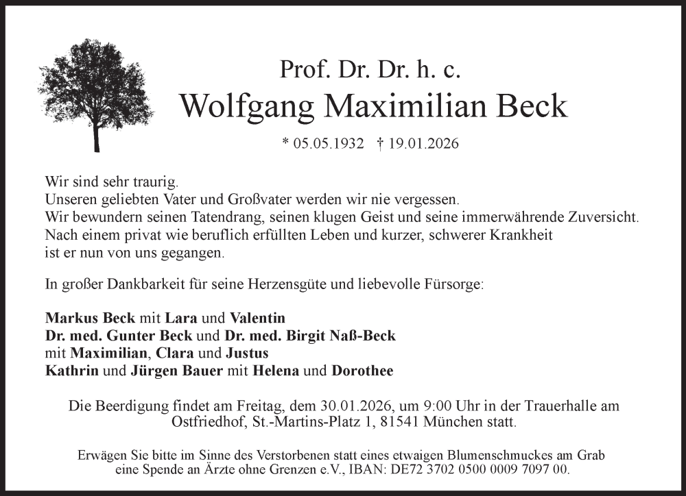  Traueranzeige für Wolfgang Maximilian Beck vom 24.01.2026 aus Süddeutsche Zeitung