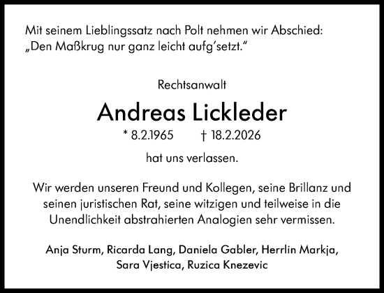 Traueranzeige von Andreas Lickleder von Süddeutsche Zeitung