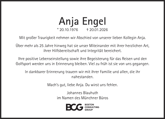 Traueranzeige von Anja  Engel von Süddeutsche Zeitung