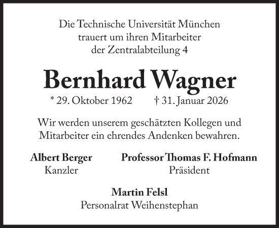 Traueranzeige von Bernhard Wagner von Süddeutsche Zeitung