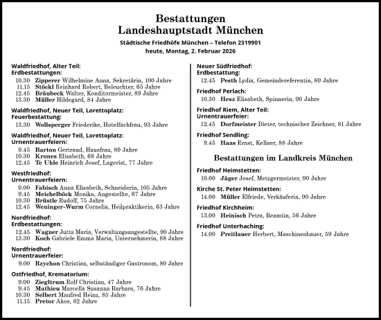 Traueranzeige von Bestattungen vom 02.02.2026 von Süddeutsche Zeitung