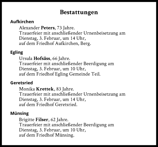 Traueranzeige von Bestattungen vom 03.02.2026 von Süddeutsche Zeitung