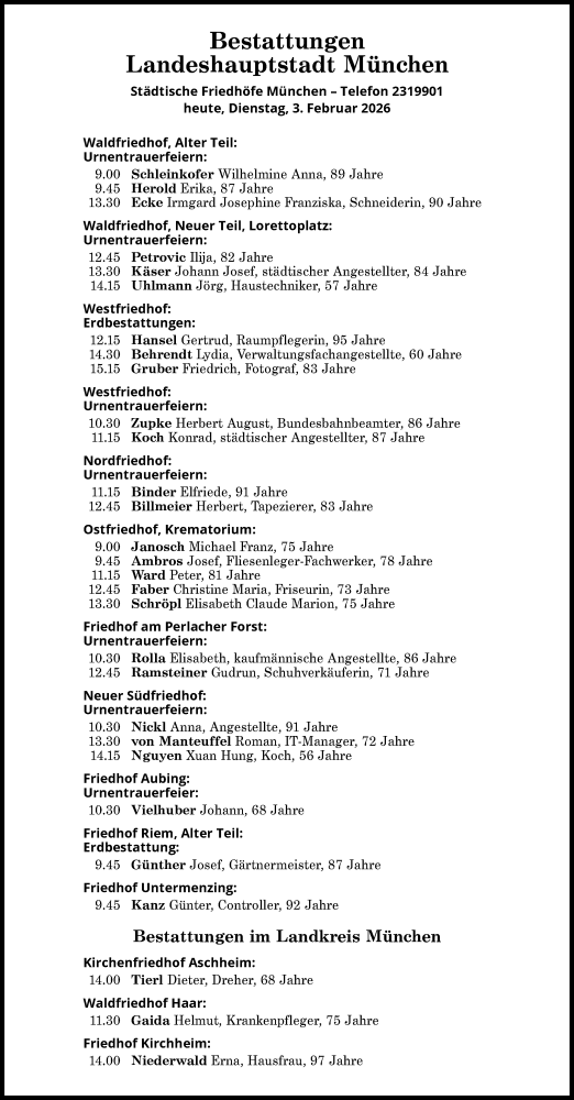 Traueranzeige von Bestattungen vom 03.02.2026 von Süddeutsche Zeitung