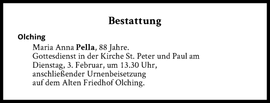 Traueranzeige von Bestattungen vom 03.02.2026 von Süddeutsche Zeitung