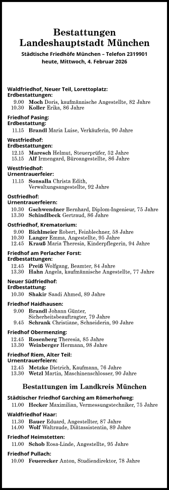 Traueranzeige von Bestattungen vom 04.02.2026 von Süddeutsche Zeitung