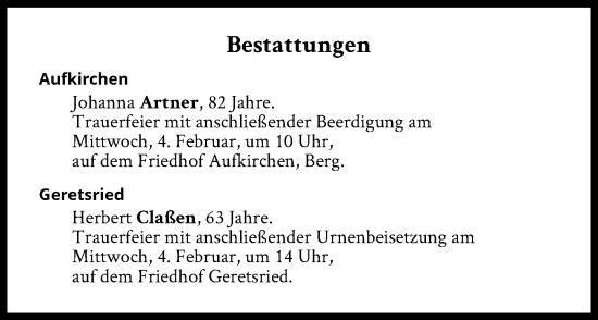 Traueranzeige von Bestattungen vom 04.02.2026 von Süddeutsche Zeitung