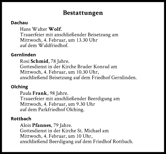 Traueranzeige von Bestattungen vom 04.02.2026 von Süddeutsche Zeitung