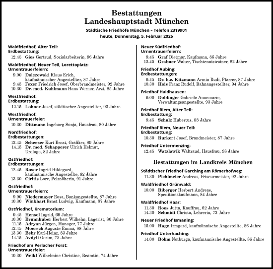 Traueranzeige von Bestattungen vom 05.02.2026 von Süddeutsche Zeitung