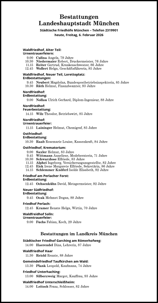 Traueranzeige von Bestattungen vom 06.02.2026 von Süddeutsche Zeitung