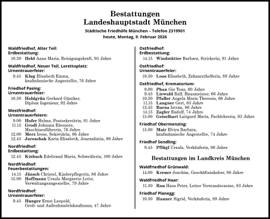 Traueranzeige von Bestattungen vom 09.02.2026 von Süddeutsche Zeitung