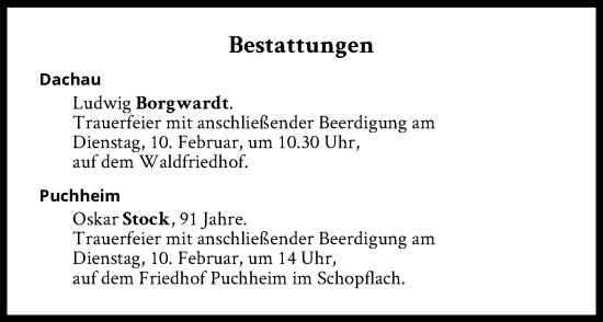 Traueranzeige von Bestattungen vom 10.02.2026 von Süddeutsche Zeitung