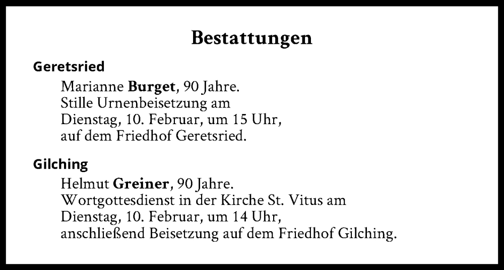  Traueranzeige für Bestattungen vom 10.02.2026 vom 10.02.2026 aus Süddeutsche Zeitung